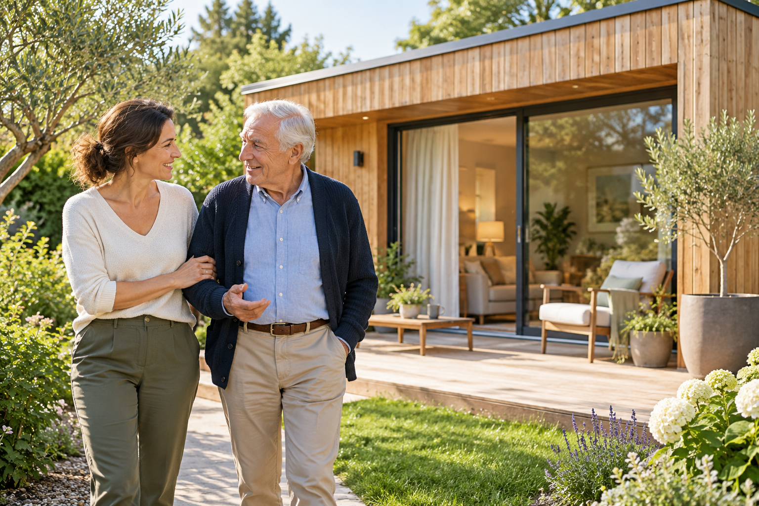Un adulte et un senior partagent un moment devant un petit logement en bois